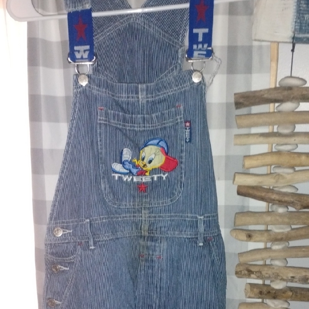 Vintage 1998 Looney Toons Blue Striped Denim Overall Shorts with Tweetey Bird